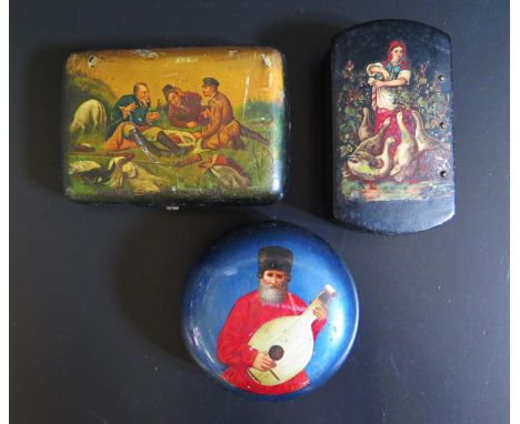 A Russian Khokhloma Painted Cigarette Case decorated with scene of picnicking hunting party, snuff box decorated with lady an