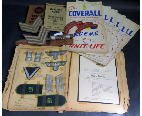 Sergeant Haslam's WWII Scrap Book including details of service and a collection of Third Reich cloth insignia including Mount