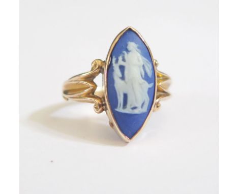 A 9ct Gold Marquis Ring set with a Wedgwood Jasper ware cameo, size M, 2.6g 