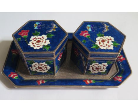 An Oriental Silver and Floral Enamel Tray with Pair of Matching Hexagonal Boxes, marked AG99, tray 19x11cm, 608g 
