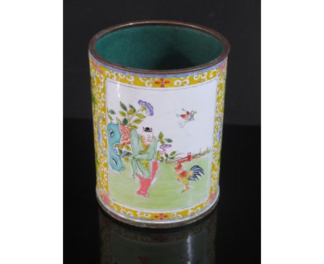 A Chinese Enamel Brush Pot, 14cm high 