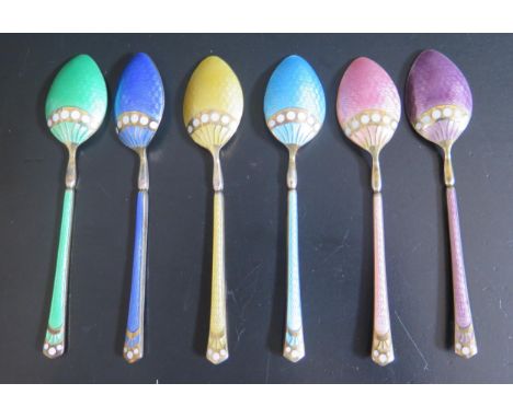 A George V Set of Six Silver Gilt and Multi Coloured Enamel Coffee Spoons, Birmingham 1930, Turner &amp; Simpson Ltd., 72g 