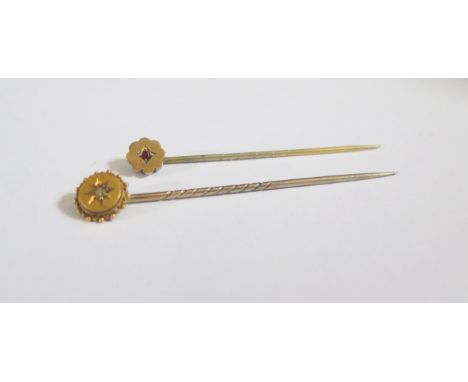 A 15ct Gold Diamond Set Stick Pin (1.5g gross) and 9ct gold stick pin (.7g gross) 