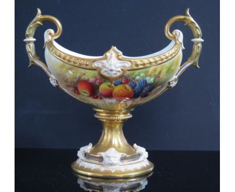A Royal Worcester Apple, Blackberry and Red Currant Two Handled Stemmed Oval Dish with cherries to the reverse, signed Ricket