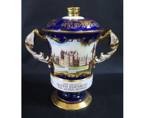 An Aynsley Royal Commemorative Two Handled Vase with cover celebrating Queen Elizabeth The Queen's Mother 90th Year and decor