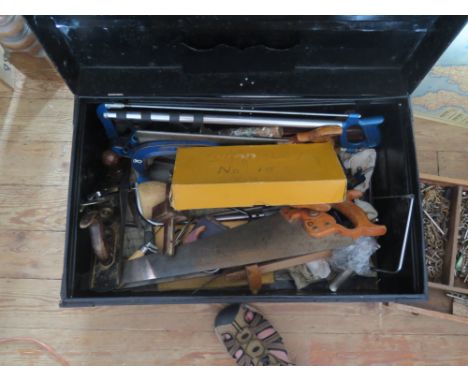 A Tin Trunk and Contents of Woodworking Tools including Stanley No.10 