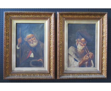 A Pair of 19th Century Portraits of elderly men, one lighting a pipe and one with a stick and hat, Signed ,Oil on Canvas, 38 