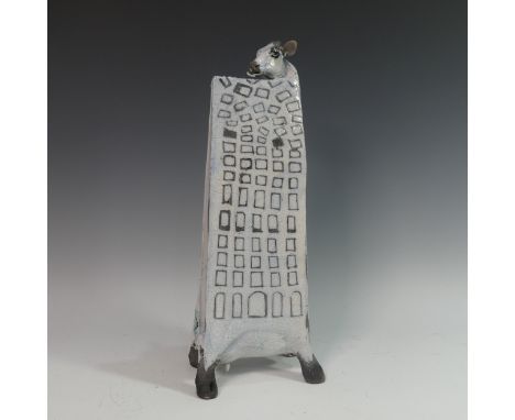 Lawson E. Rudge (b. 1936), a raku fired studio pottery sculpture of an elongated Cow, H 45cm. Provenance: from the studio of 
