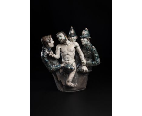 Lawson E. Rudge (b. 1936), a raku fired studio pottery sculpture of 'The Twickenham Streaker', modelled with three policemen,