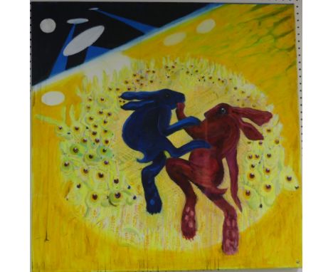 Lawson E. Rudge (b. 1936), Boxing Hares, oil on canvas, signed with initials lower right, 90cm x 90cm, together with another,
