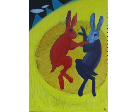 Lawson E. Rudge (b. 1936), Boxing Hare series, two similar pictures, 70cm x 50cm, signed with initials lower right, and 76cm 