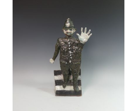 Lawson E. Rudge (b. 1936), a raku fired studio pottery sculpture 'Old Bill', modelled at a pedestrian crossing, H 51cm. Prove