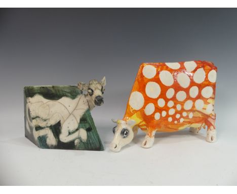 Lawson E. Rudge (b. 1936), a raku fired studio pottery sculpture of a square Cow, numbered 252, some chips and damages, toget