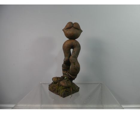 Lawson E. Rudge (b. 1936), a reconstituted stone garden sculpture of a pair of lips on legs with rugby boots, H 57cm. Provena