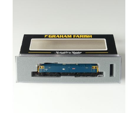 A Graham Farish by Bachmann N gauge 371-828 Class 47 Locomotive 47404 'Hadrian',&nbsp;BR blue, marker light headcode, in rigi