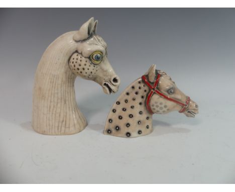 Lawson E. Rudge (b. 1936), a raku fired studio pottery Horse Head, signature to base, H 22cm, together with another similar (