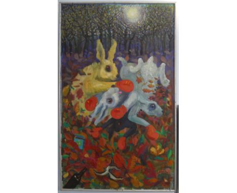 Lawson E. Rudge (b. 1936), Boxing Hares in an Autumnal Woodland, oil on canvas mounted on board, signed with initials lower r