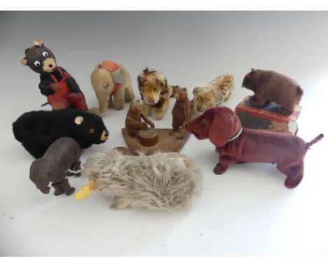 Four small Steiff toy animals, including Hedgehog, Lion, Elephant and Leopard, together with six various toy animals, Japanes