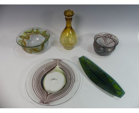 Lawson E. Rudge (b. 1936), an art glass Plate, with stylised decoration, 28cm diameter, together with an amber glass Decanter