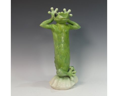 Lawson E. Rudge (b. 1936), a green glazed studio pottery sculpture of a Frog, H 44cm. Provenance: from the studio of Lawson R