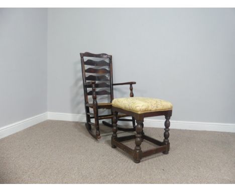 An antique ladder back Rocking Chair, with rush seat, W 54cm x H 97cm x D 62cm, together with an 18thC oak-framed stool (2) 