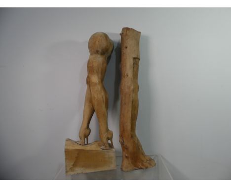 Lawson E. Rudge (b. 1936), a carved wooden sculpture 'Legs and Arms', carved as a pair of legs wearing stilettos, on square b