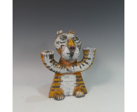 Lawson E. Rudge (b. 1936), a raku fired studio pottery sculptural Candlestick 'Burning Bright', modelled as a tiger with two 