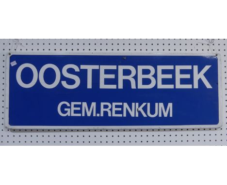 Oosterbeek Gem.Renkum, a Dutch railway station sign, 33cm x 93cm. Oosterbeek is a village in the Netherlands, approximately 5