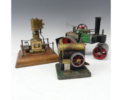 An apprentice piece Stationary Steam engine, on wooden stand dated 1938 together with a Mamod traction engine and a boxed SEL
