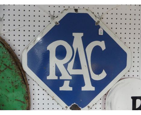 A vintage RAC double sided enamel sign, in blue &amp; white, some spots of rust and wear, approx. 56cm x 54cm. 