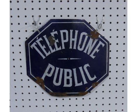 A Vintage metal French 'Telephone Public' sign, white lettering on blue background, some rust and losses together with a Fren