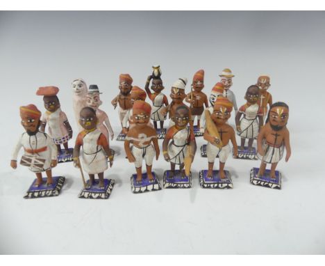 A collection of vintage Indian painted carved wood figures, in a variety of types and traditional costume, appx. 6.5cm high (
