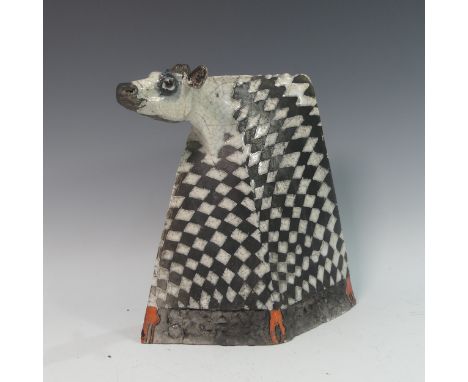Lawson E. Rudge (b. 1936), a raku fired studio pottery sculpture of a Cow, modelled wearing red stilettos, H 31cm. Provenance
