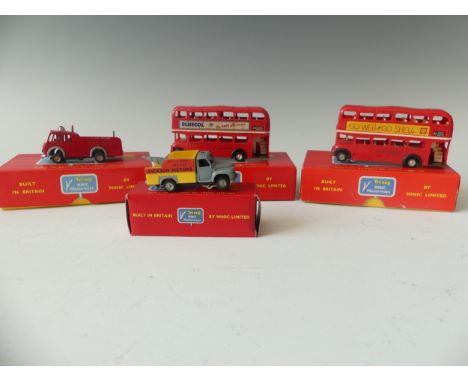 Four boxed Minic Motorways vehicles, including M1550 Fire Engine, M1565 Breakdown Lorry, two boxed double decker buses (boxes