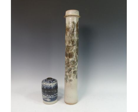 Lawson E. Rudge (b. 1936), a studio pottery Vase, with glazed swirl decoration, H 17cm, together with a tall Vase, with circl