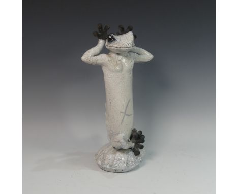 Lawson E. Rudge (b. 1936), a raku fired studio pottery sculpture of a Frog, H 44cm. Provenance: from the studio of Lawson Rud