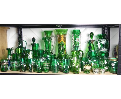 A Mary Gregory Bristol green glass Decanter, together with a Vase with similar decoration and a quantity of other Bristol gre