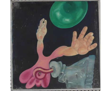 Lawson E. Rudge (b. 1936), Test Tube Baby, acrylic on board, titled and signed verso, 60cm x 60cm, together with another pict
