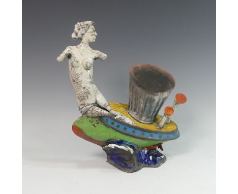 Lawson E. Rudge (b. 1936), an unusual raku fired studio pottery sculpture of a Submarine, numbered 52, H 36cm.&nbsp; Provenan