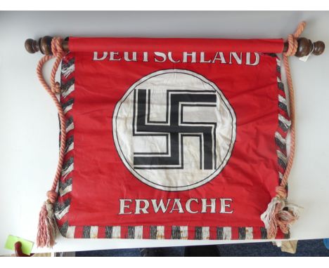 Indiana Jones; A film prop replica German WW2 period 'Deutschland Erwache' Standard, with wooden top hanging rail, the pole 8