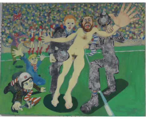 Lawson E. Rudge (b. 1936), The Twickenham Streaker, oil on canvas, 72cm x 92cm, unframed, mildewed and some minor losses. Law