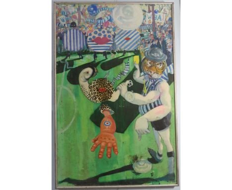 Lawson E. Rudge (b. 1936), Surrealistic West Bromwich Albion Football Match, oil on canvas mounted on board, signed L.E. Rudg