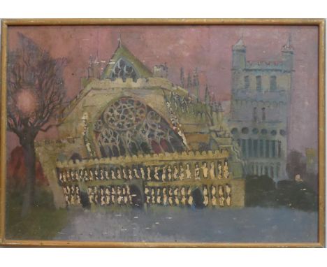 Lawson E. Rudge (b. 1936), Exeter Cathedral with pink sky, oil on canvas laid down on board, signed with initials lower right