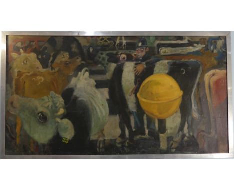 Lawson E. Rudge (b. 1936), Cows Crossing, oil on canvas mounted on board, signed with initials lower right, 65cm x 122cm, fra