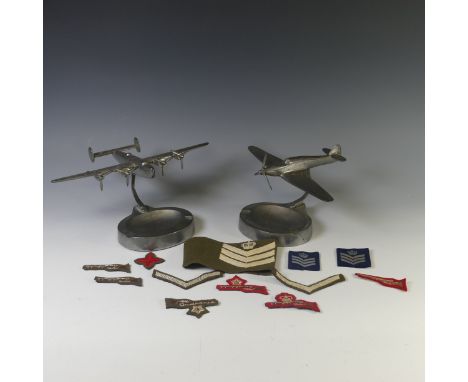 A WW2 period aluminium Spitfire mounted ashtray, the model mounted on a straight arm, leading to a central ashtray, together 