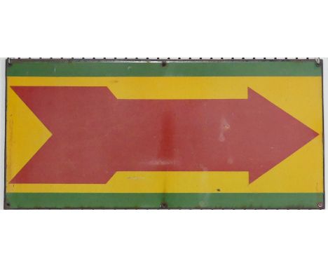 A Continental enamelled&nbsp;Directional Sign, with red arrow and green and yellow border, 75cm x 35cm. 