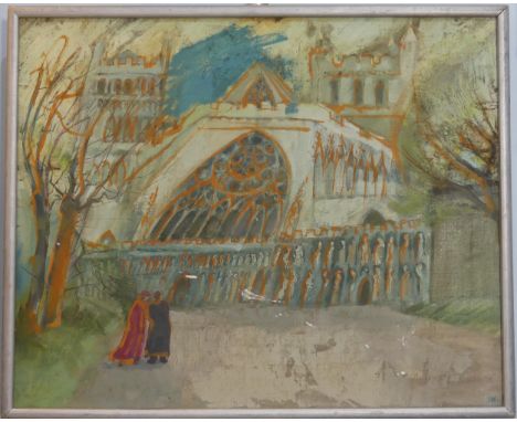 Lawson E. Rudge (b. 1936), Exeter Cathedral on a windy day, oil on canvas laid down on board, signed with initials lower righ