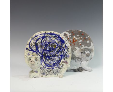 Lawson E. Rudge (b. 1936), a raku fired studio pottery sculpture of a round Cow, H 26cm, together with a round Pig (2) Proven