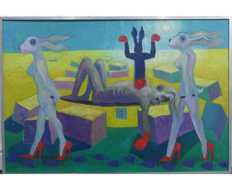 Lawson E. Rudge (b. 1936), Defeated Boxing Hare on a Stretcher, oil on board, signed with initials lower right, 68cm x 100cm,