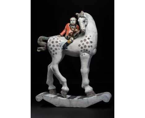 Lawson E. Rudge (b. 1936), a raku fired studio pottery sculpture 'Self Portrait on Horseback', modelled as the artist in hunt